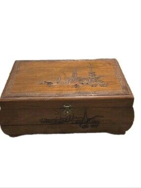 Vintage Carved Wooden Asian Jewerly Box Brass Hinges With Brass Lock And Key